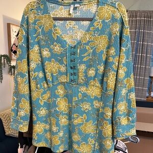 Cato Teal and Mustard Floral Blouse